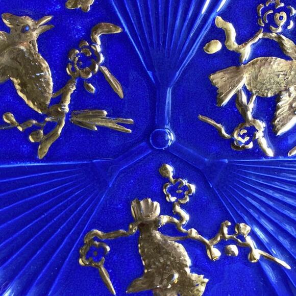 Cobalt Blue 8.5" Gold Birds Hand Painted Plate Textured Ribbed scalloped shell - Picture 9 of 10